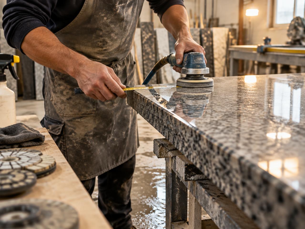 Craftsman finishing a granite countertop edge