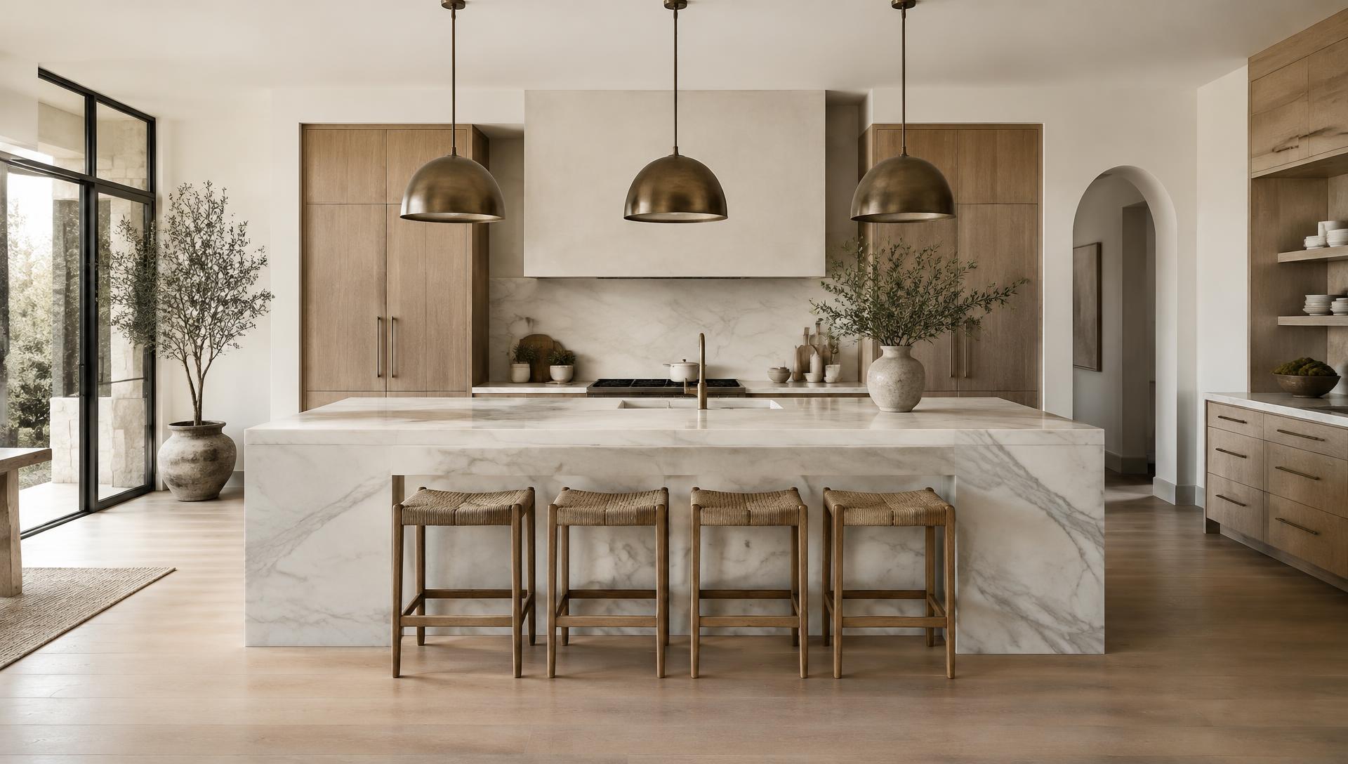 Luxury kitchen with a white stone waterfall island and bronze pendants