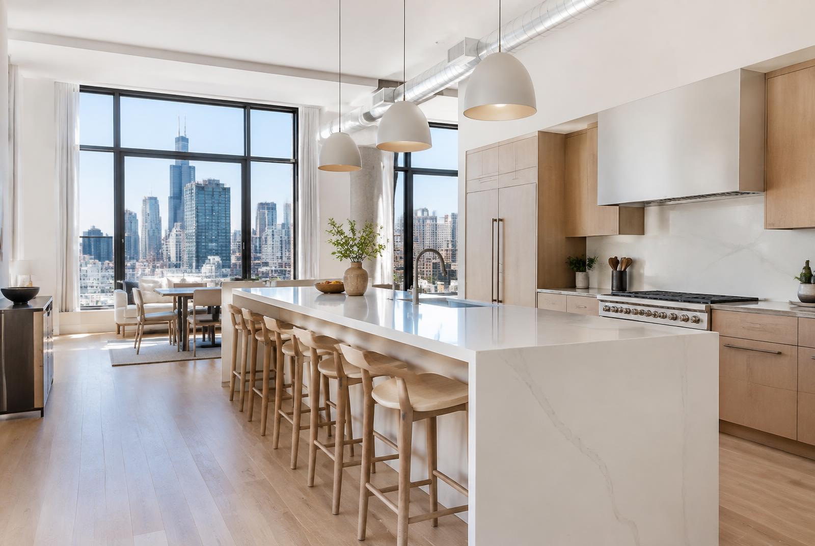Bright kitchen with a long quartz waterfall island
